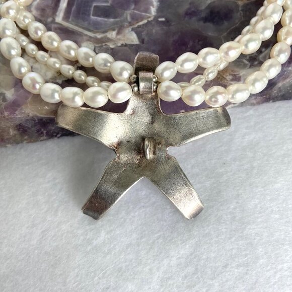 Sterling Silver 925 Layered Triple Strand Freshwater Pearl Starfish Necklace - Picture 7 of 16
